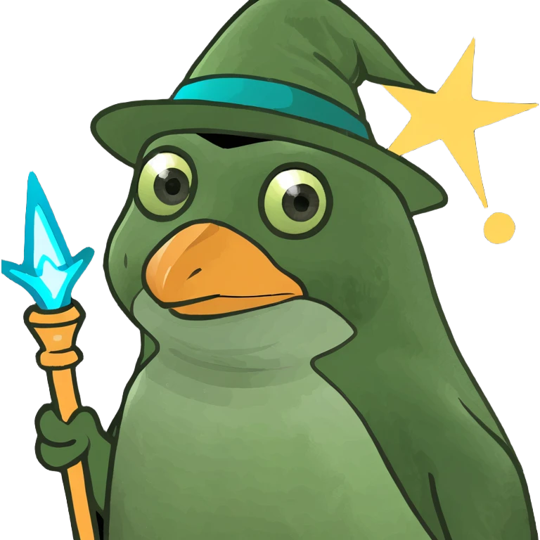 A penguin wizard with a pointy hat and a magic wand emoji