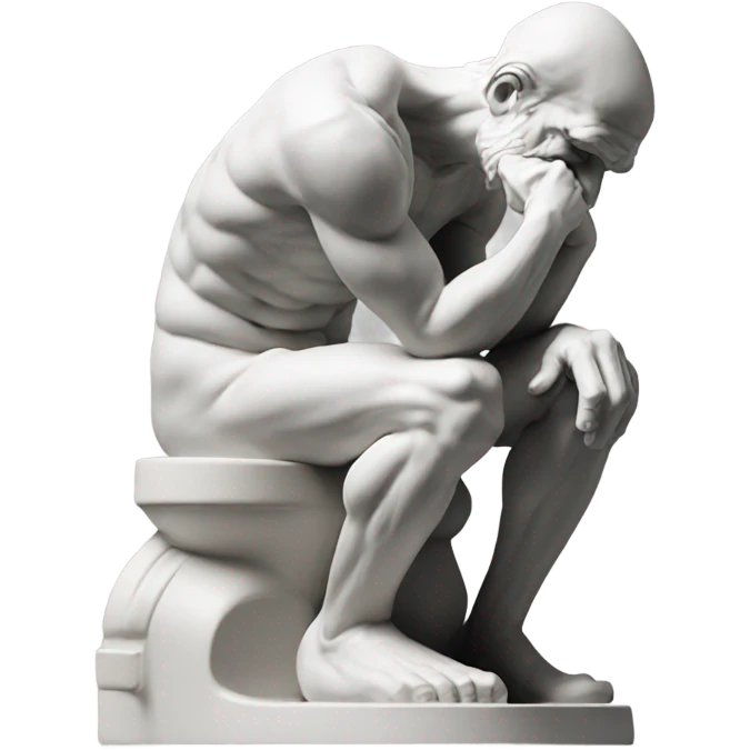 rodin sculpture the thinker but he's sitting on a toilet which is the same color as the man, and his head is resting forward on the top of his right hand emoji