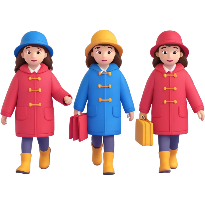 A group of school children walking to a movie theater in winter, inspired by Paddington Bear emoji