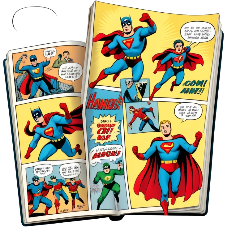 Icon for Vintage American Comics: an open comic magazine with classic 1940s-1950s American comic art, featuring superheroes in bold, bright colors, with action panels and exaggerated speech bubbles. The icon should represent the nostalgic style of vintage comics. Transparent background. emoji