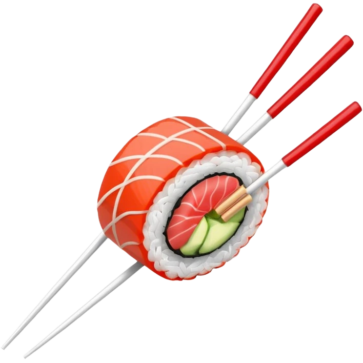 Japanese cuisine humanless avatar in minimalist emoji-style illustration. Sushi, roll and 2 chopsticks, clean lines, red white colors, flat design, calm and modern. emoji