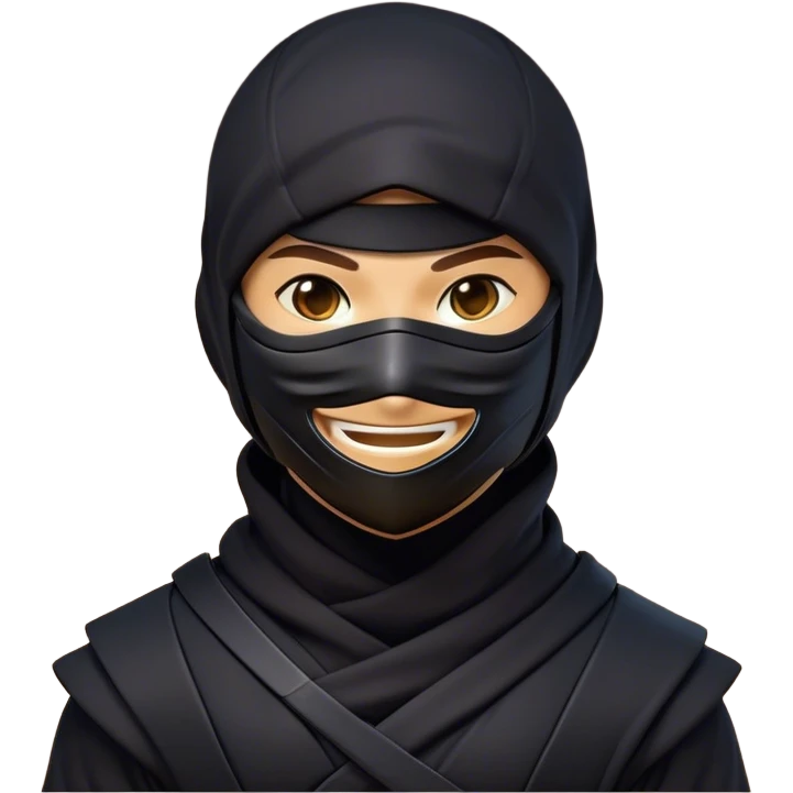 Clash of Clans aesthetic Playful Ninja Portrait Emoji, Head tilted with a sly, cheeky grin and twinkling eyes visible under a stylish mask, featuring a compact, nimble build in streamlined dark attire, his natural skin tone adding realism, Simplified yet irresistibly charming features, highly detailed, glowing with a warm, mysterious glow, high shine, spirited and lively, stylized with a touch of whimsical stealth, soft glowing outline, capturing the essence of a playful ninja exuding friendly covert energy! emoji