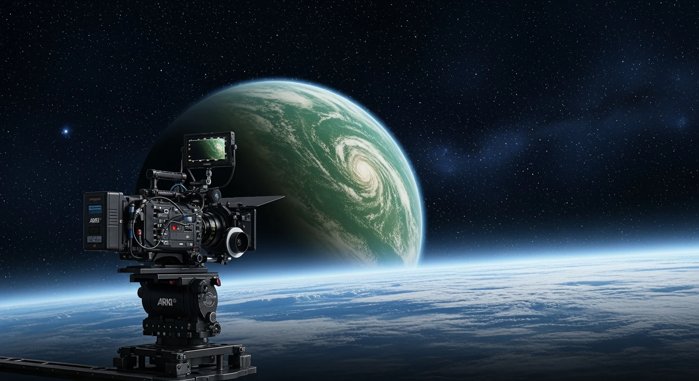 cinematic still, establishing shot in space showing green planet in distance, inspired by StarWars movie, captured by arri alexa  emoji
