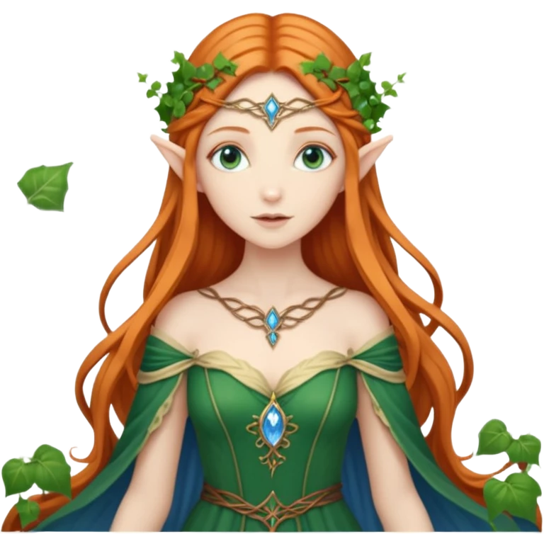 Hyper realistic green ivy forest elf mage fairy queen pale skin ginger hair and blue-eyes emoji