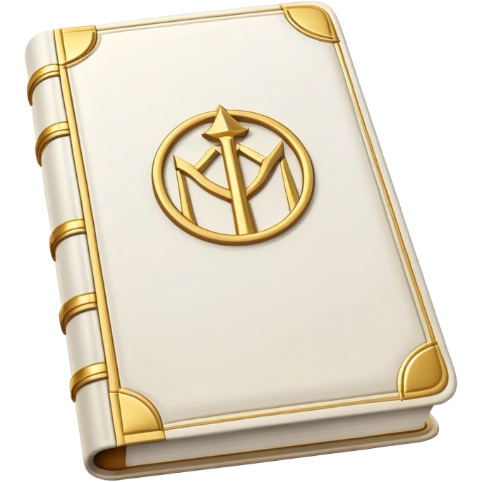 A white leather book with golden accents, smooth and polished, embossed with a symbol of six pillars,, radiating strength, confidence, and the power of self-worth.  emoji