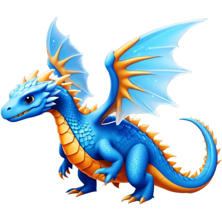 Create a majestic aquatic ice drake with a protective shell, combining the first creature's friendly demeanor and defensive capabilities with the second creature's draconic elegance and elemental power, resulting in a creature that glides through frozen waters with glowing blue spines and gentle orange-gold wings. emoji