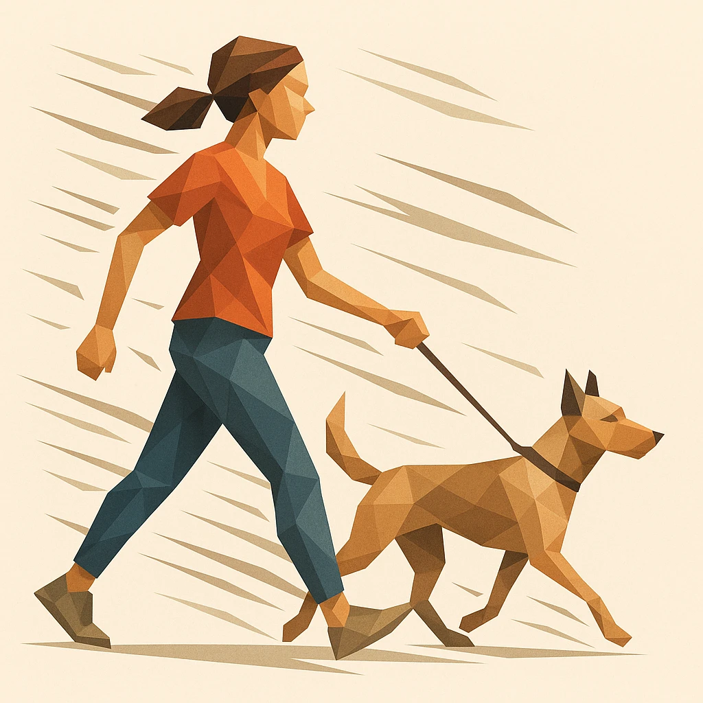 Woman walking a dog, both stylized in faceted motion lines.


 emoji