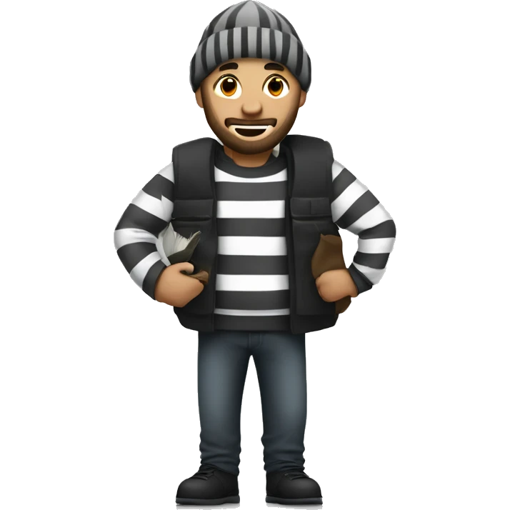 Robber with  a grey beanie, a beard and wore a black and white striped shirt carrying a money bag over shold emoji