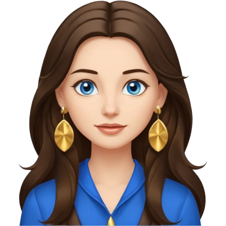 
Create an emoji of a brunette with blue eyes. She should have long hair, stylish clothing, and a friendly facial expression. Add some accessories like earrings or glasses to make the look more interesting. emoji