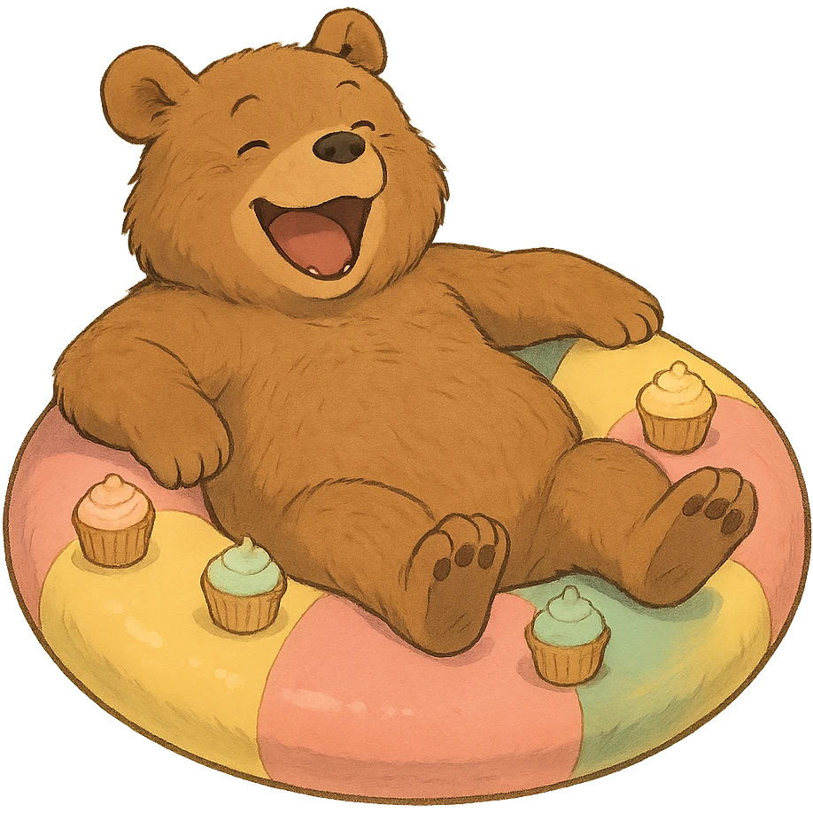 laughing bear floating in a party ring with mini cupcakes, soft, gentle, warm colors, detailed shading emoji