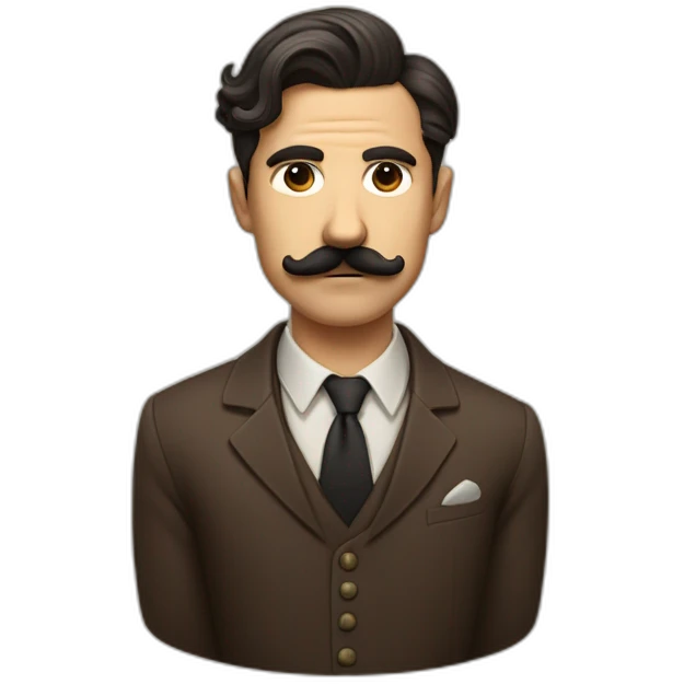 dissatisfied man with a Charlie Chaplin mustache and a moderately long oblique haircut in a brown suit emoji
