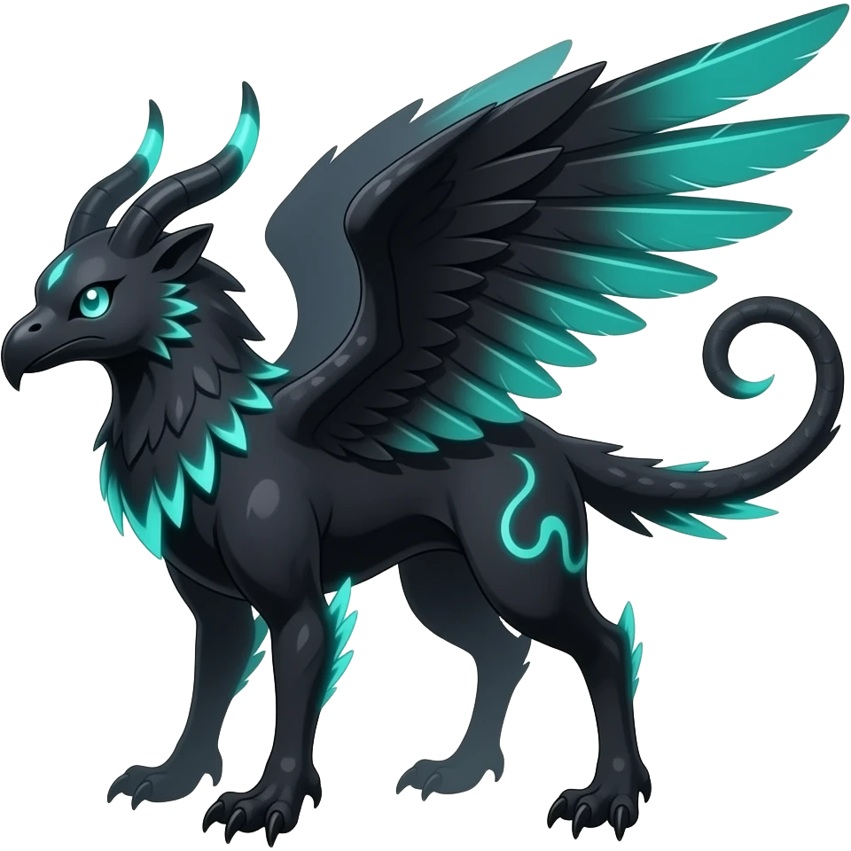 Black dark exotic four-legged beaked feathery nocturnal neon-glowing abyssal nightly animalistic fantasy gryphon-chimera-Salandit-Trico-Teto-Silvally-creature emoji