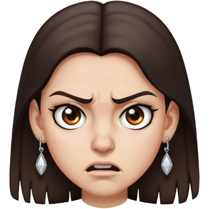 angry girl with dark brown hair below shoulders, grey eyes, earring on right side of nose, pierced ears emoji