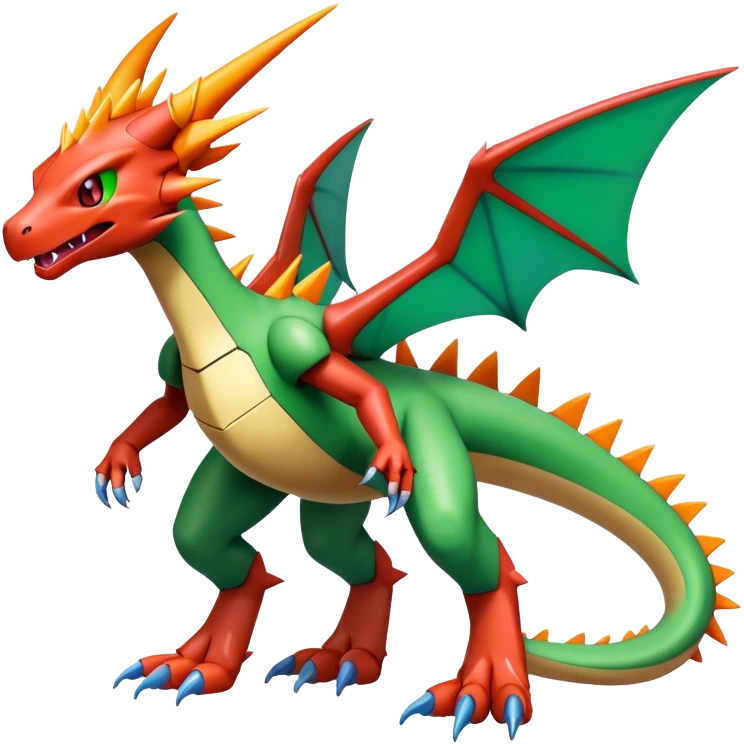 Spiky Cool Edgy shiny colorful Digimon-Fakemon-Flygon-Charizard-Mecha, full body, two legs emoji