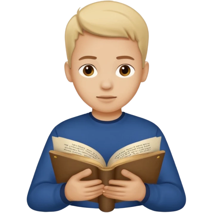joven con camiseta azul oscuro leyendo un pergamino emoji