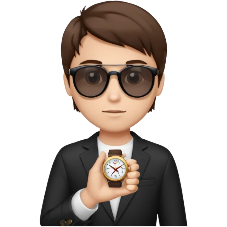 Un niño con pelo lacio color castaño,con lentes de sol negros y un reloj en la mano emoji