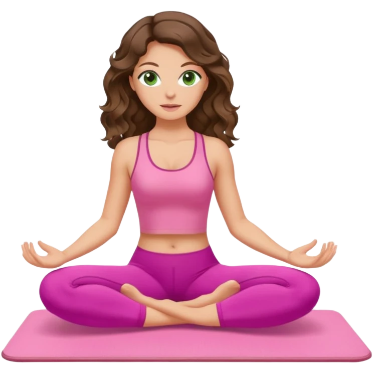 White, green-eyed, brunette cute feminine lady emoji with wavy hair doing pilates wearing pink pilates fit emoji
