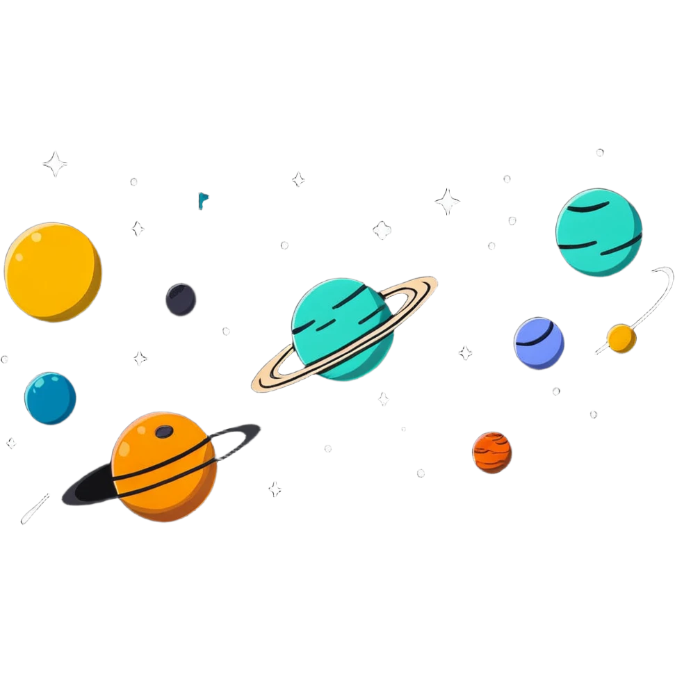 Bright planets and stars floating, white background, high saturation, colorful emoji