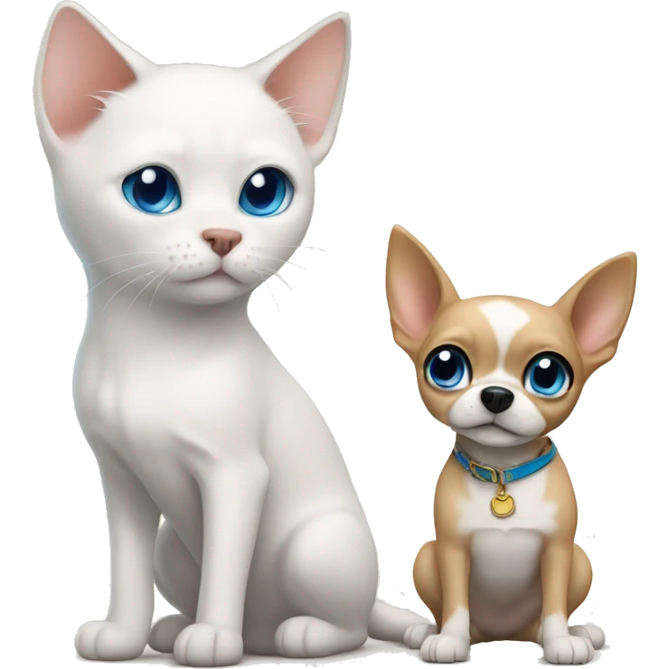white cat blue eyes standing next to tan chihuahua  emoji