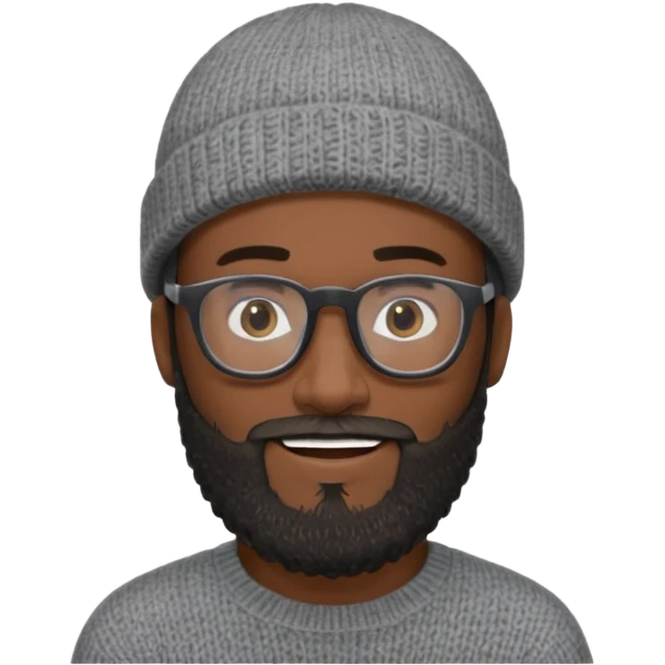 A dark-skinned man with a gray knit beanie, black glasses, a full beard, and a friendly smile. emoji