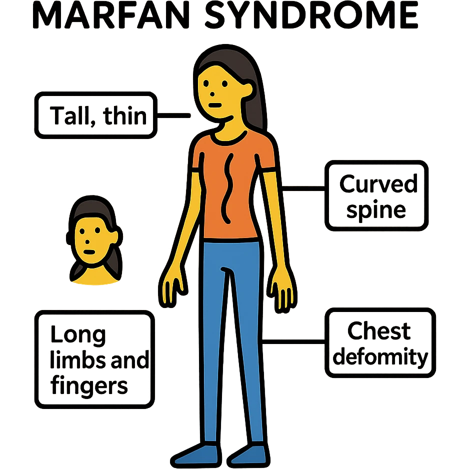 Create an educational graphic highlighting Marfan syndrome in an Asian woman. Show a tall, thin female figure with long limbs and fingers, curved spine, chest deformity, and subtle facial features. Include clear labels for each characteristic. The style should be clear, informative, and suitable for a general public audience. emoji