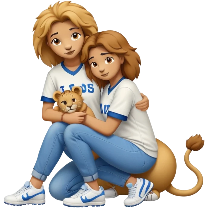 friendly anthropomorphised female lion wearing a baseball shirt, jeans, and trainers, on her hunches, comforting a friend emoji