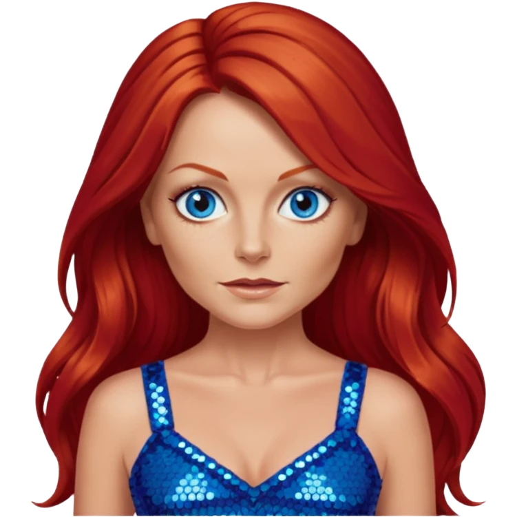 Geri Halliwell with long red hair, blue eyes, red sequin crop top emoji