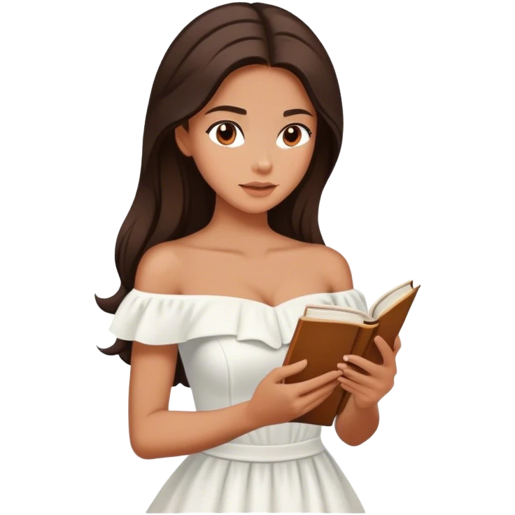 Beautiful woman in 1950’s woman fashion look, off-shoulder white dress, long dark brown hair, reading  emoji