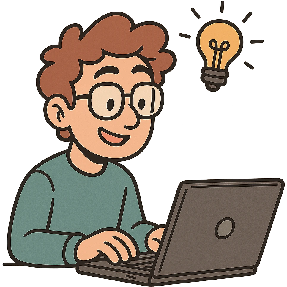 a smart coder, working on a laptop, with a lightbulb above their head, playful cartoon style emoji