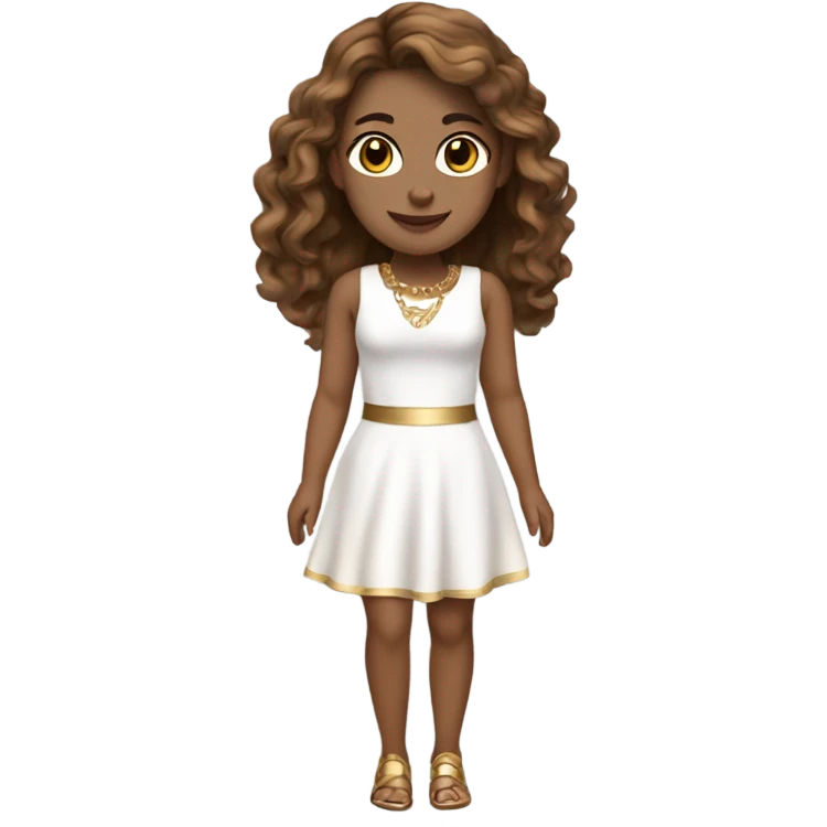 do a white but not too white girl with brown hair and highlights brown eyes and gold jewelry, full body, legs arms and a white short dress emoji