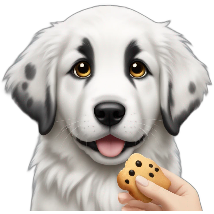 Great pyrenees puppy with black spot on one eye posing on the side looking at a hand with a treat emoji