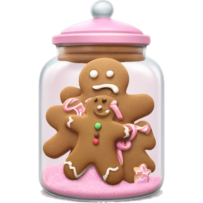 Realistic glass cookie jar with light pink lid full of gingerbread cookies isolated.  emoji