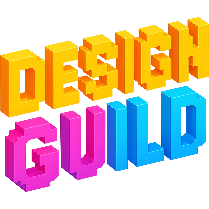 'DESIGN GUILD' in voxel letters, 3D blocky look, vibrant colors emoji