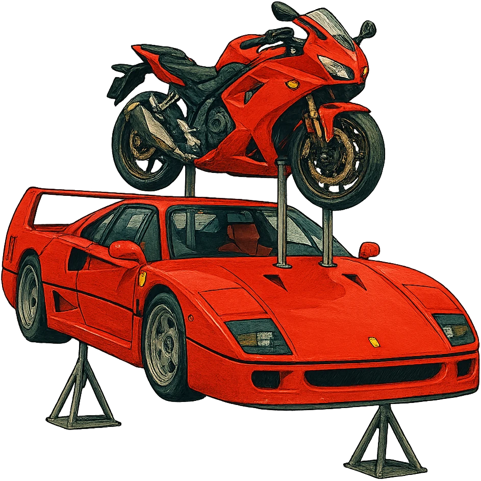 Add visible supports holding up the red motorcycle on the roof of the stylized Ferrari F40. The background should be transparent, isolating the subject clearly. emoji