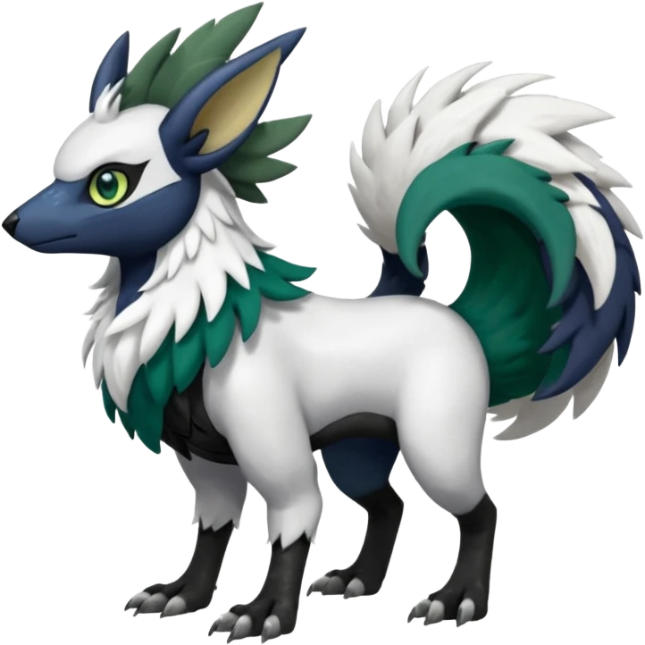 Shiny Black Grey White and Dark-Green Trico-Nargacuga-Silvally-Skiddo-Sprigatito-Absol-fusion (full body) emoji