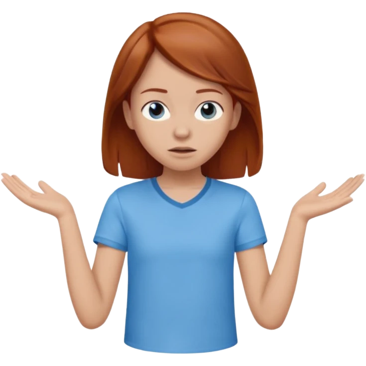 shrugging emoji tween auburn hair light blue shirt with a darker blue L emoji