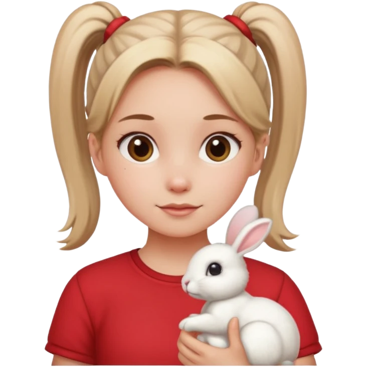 white bunny, pet lover, red shirt, pony tail. emoji