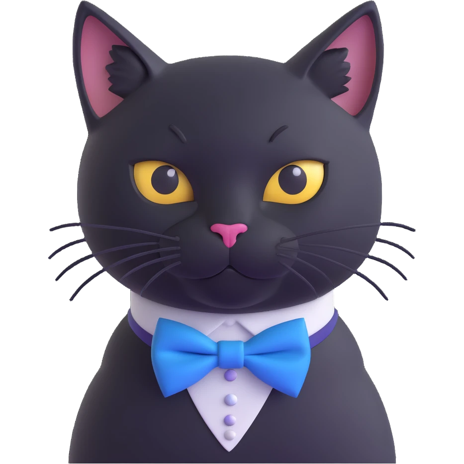 solid black cat no tuxedo with a blue bowtie collar, 3D style, realistic pose, detailed whiskers emoji