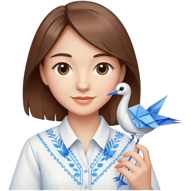A happy Ukrainian young girl with brown hair in a white embroidered shirt holds an origami blue crane emoji