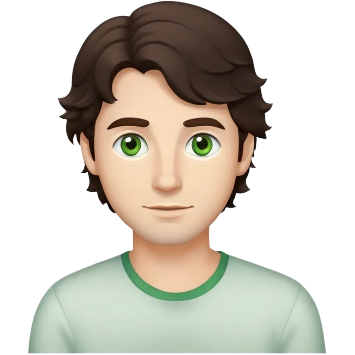 man with wavy dark brown hair, medium length, and light green eyes emoji