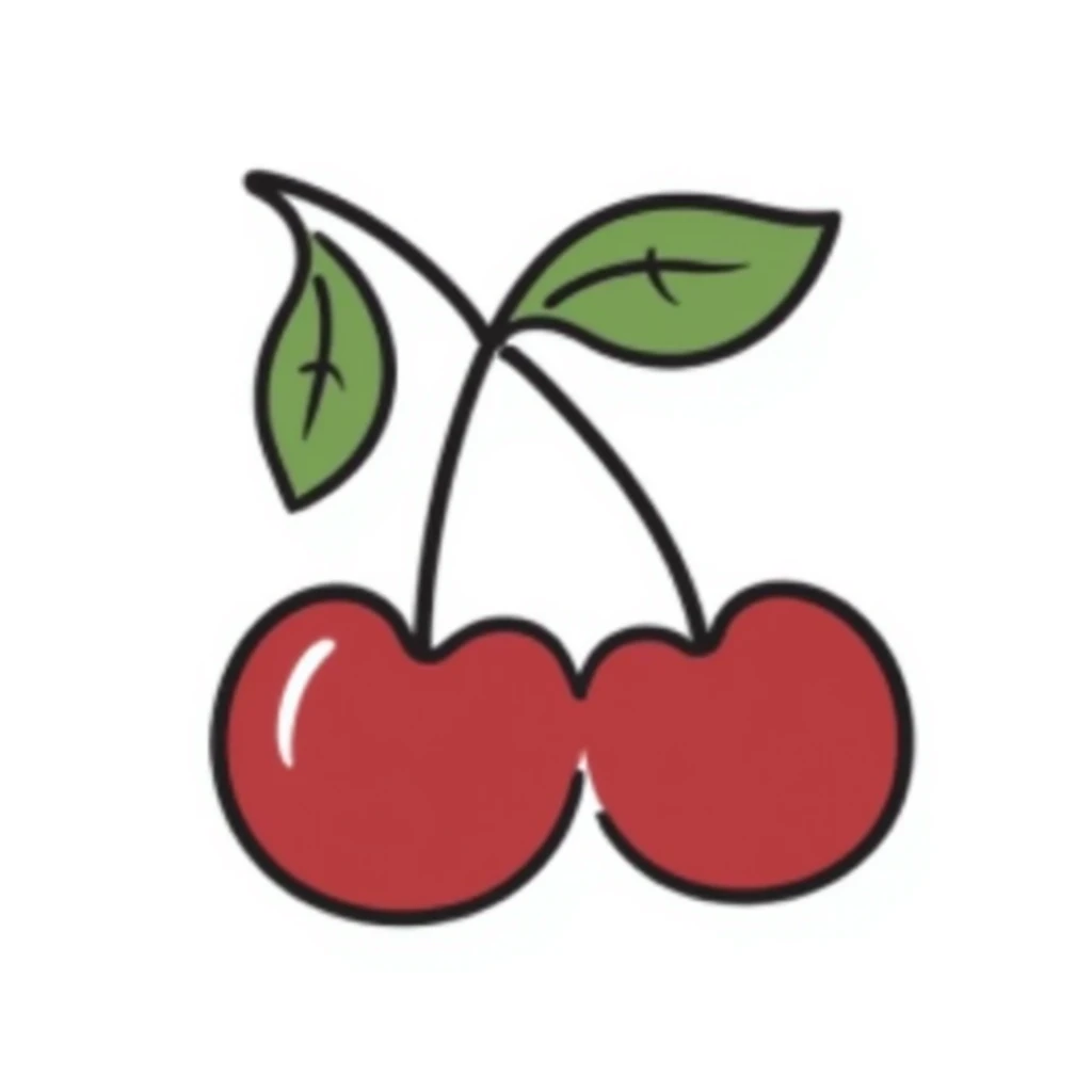 Hand-drawn pair of cherries with stem and leaves emoji