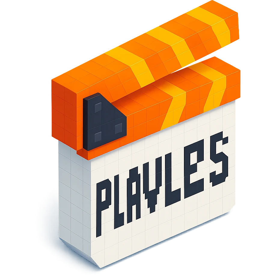 voxel style movie clapperboard with the text 'PLAVLEYS', orange lid, white body, isometric view emoji