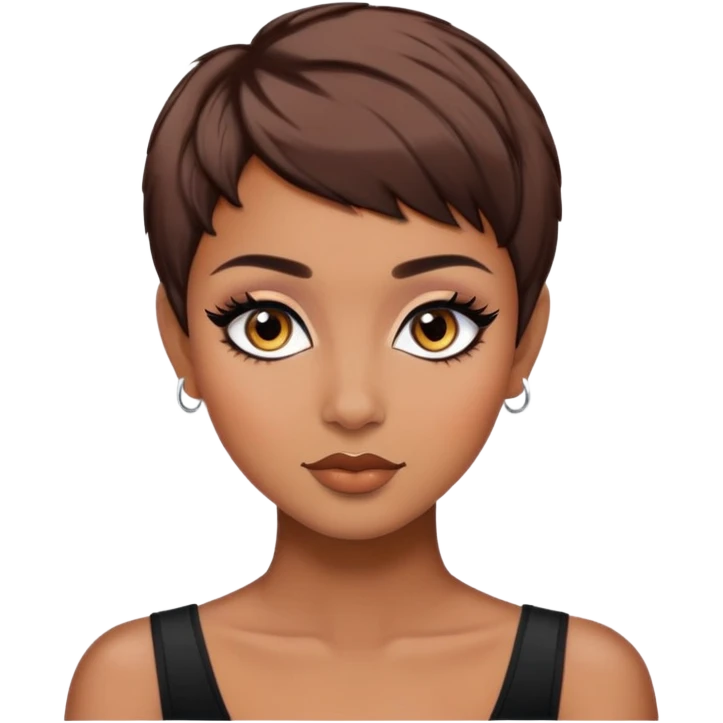 pixie cut, brown hair baddie,pretty, brown eyes, makeup, black eyeliner, long hair emoji