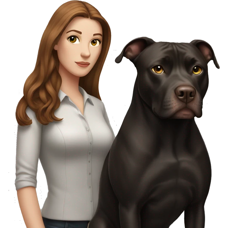 white woman with long brown hair and cat shaped eyes standing alongside a black pitbull  emoji