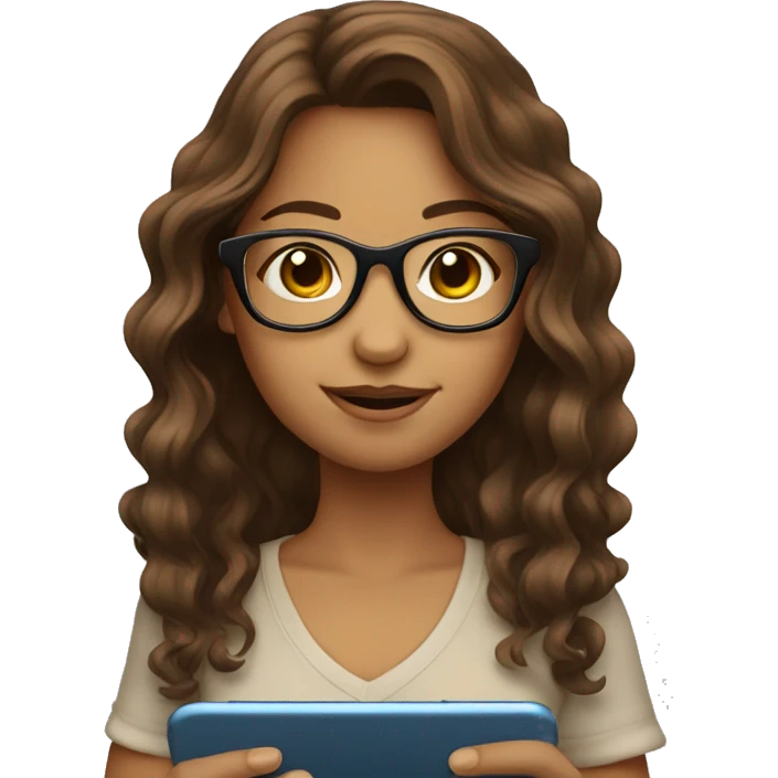 girl with glasses and brown wavy hair reading on smart phone emoji