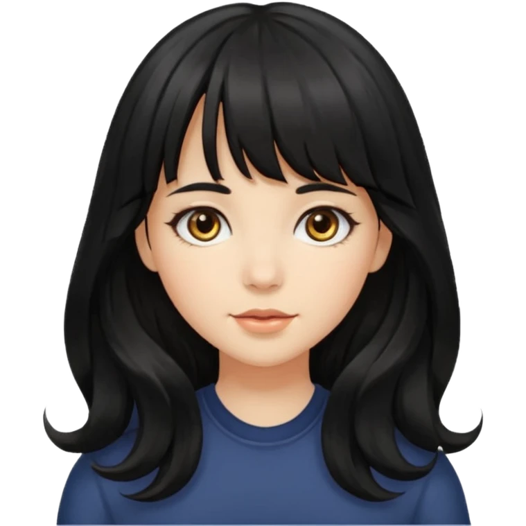 A girl with long, wavy black hair with bangs and medium-sized hazel eyes emoji