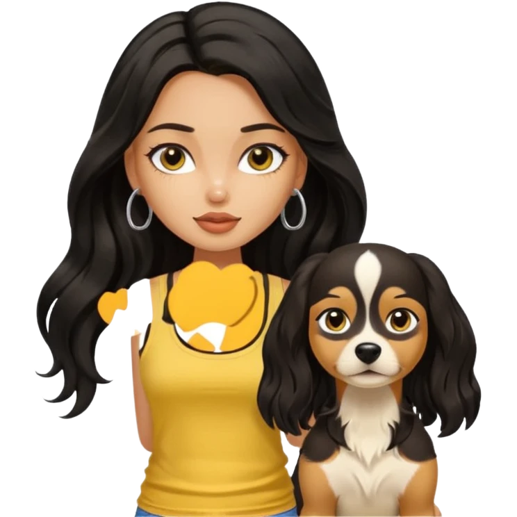 tan pretty bratz girl with long wavy black hair, wearing a yellow tank top with a dog emoji