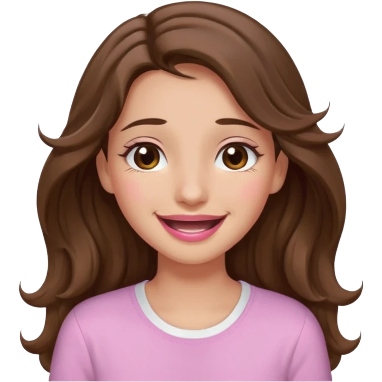 girl with wavy long brown hair, brown eyes, light to medium complexion, long lashes, light pink lipstick, wearing light pink shirt, smiling, crying, laughing, tears emoji
