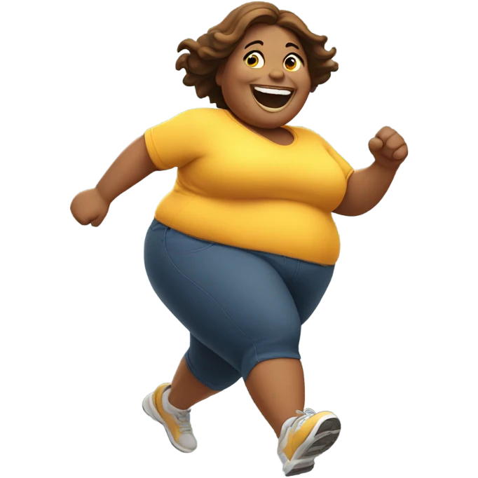 fat woman running towards the camera smiling emoji