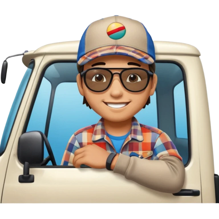 Cute emoji style illustration of a Peruvian truck driver, smiling young “chofercito carretero”, wearing baseball cap, sunglasses, plaid shirt, leaning out of a Hino 500 truck window, vibrant colors, bold outlines, glossy 3D emoji style, sticker design, transparent background emoji